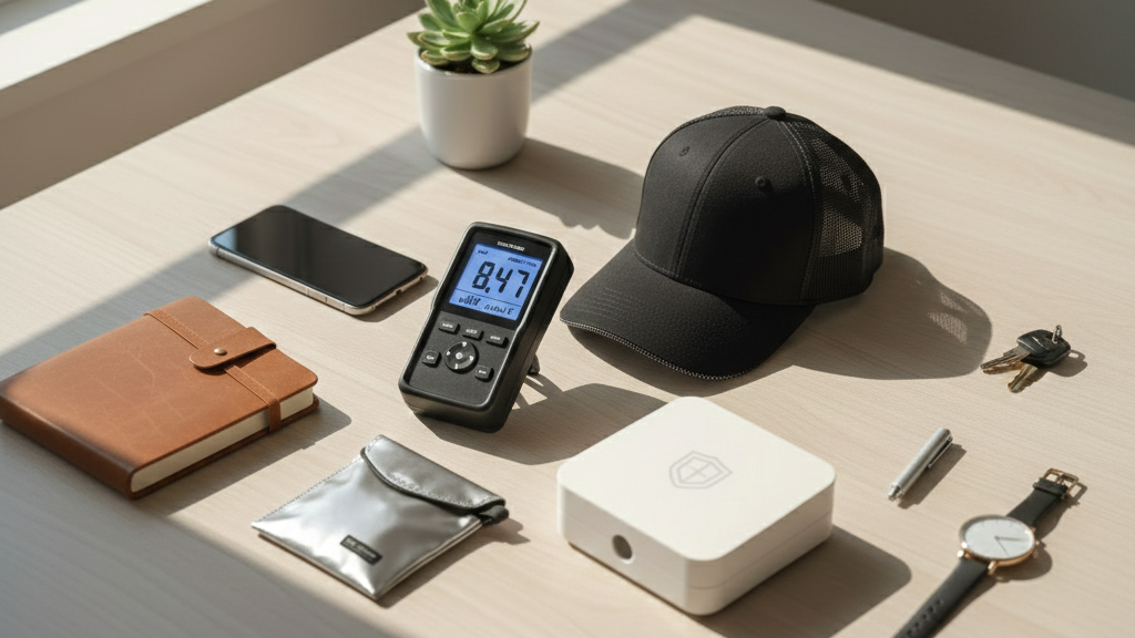 Collection of everyday items including a cap, phone, wallet, and keys on a light surface with a plant.